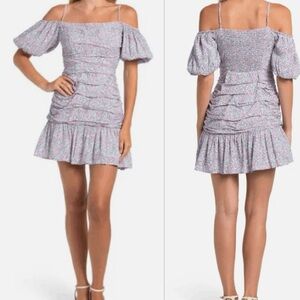 ASTR The Label Blue Pink Striped Cold Shoulder Ruched Mini Dress Size L NWOT